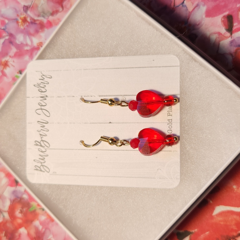 Handmade 18k Gold Plated Red Glass Heart Earrings